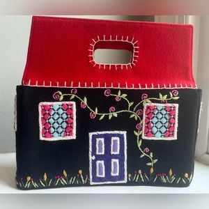 Lulu Guinness Vintage Felted Wool “Cottage” Bag with Embroidery